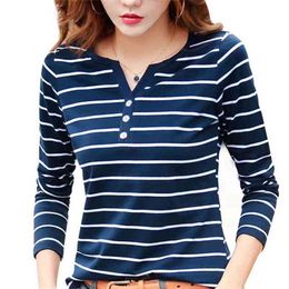 Casual Stripe Women T-Shirt Spring Autumn Small V Neck Button Short Long Sleeve Cotton Summer Female Blue Plus Size Tops 210522