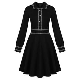 PERHAPS U Black Long Sleeve Peter Pan Collar Mini Short A Line Dress Button Patchwork Autumn Winter Elegant Vintage D1909 210529