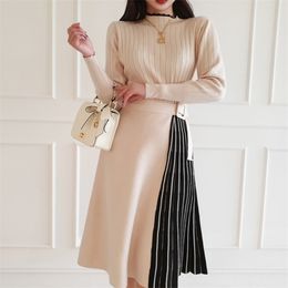 Spring Autumn Elastic Knitted Sweater Dresses Women Colour Matching Lace-up Long Dress Lady Fashion Slim Vestidos Femme Robe 210514