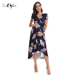 Women Maternity Dresses High-Low Surplice Wrap with Waist Belt Adjustable V Neck Photography Dress Breastfeeding Pregnant Clothe G220309