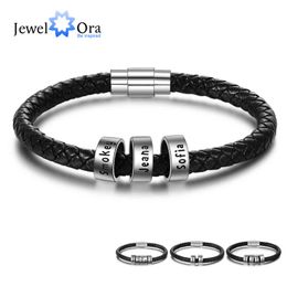 Personalised Leather Bracelet with 1-6 Name Beads Customised Family Names Black Rope Magentic Buckle Bracelets for Men