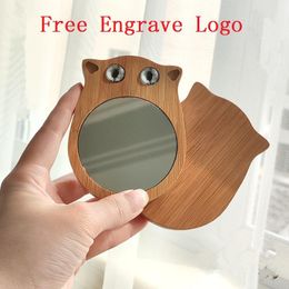 Party Favour Bamboo Portable Cute Owl Make Up Mirror Small Fresh Student Mini Make-up Mirror Creative Gift Free Engrave Logo