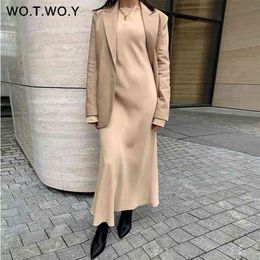 WOTWOY Elegant Long Sleeve Satin Dres Solid Mid-Long Loose es Cotton Autumn Woman Vestidos Femme Robe 210623