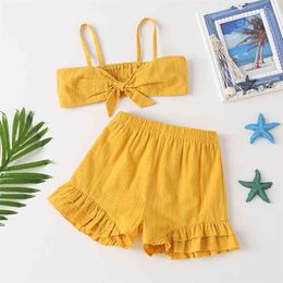 Winter Children Sets Casual Strap Bow Bodycon Tops Yellow Solid Ruffles Shorts 2Pcs Girl Boys Clothes 18M-6T 210629