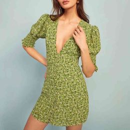 vintage boho dress button retro puff sleeve green beach holiday summer short dress v neck floral A-line print dress 210415