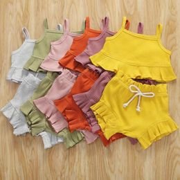 Kids Clothing Sets Summer Falbala Gallus Shorts Suit 2PCS Solid Knit Cotton Suits Girls Boutique Clothes 6Colors