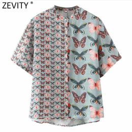 Zevity Women Vintage Butterfly Patchwork Print Casual Blouse Office Lady Short Sleeve Summer Shirt Chic Chemise Tops LS9138 210603
