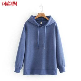 Tangada women blue fleece hoodie sweatshirts winter japanese fashion oversize ladies pullovers warm hooded tops 6L02 210609