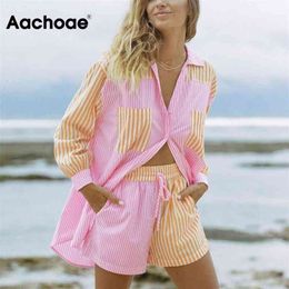 Aachoae Fashion Patchwork Cotton 2 Piece Set Women Long Sleeve Pockets Shirt With High Waist Shorts Striped Print Holiday Sets 210714