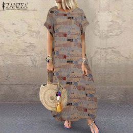 ZANZEA 2021 Elegant Print Maxi Dress Women's Summer Sundress Casual Short Sleeve Vestidos Female O Neck Robe Plus Size S-5XL X0521