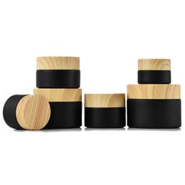 Premium Black Frosted Glass Cosmetic black cosmetic jars wholesale with Woodgrain Plastic Lids and PP Liner - Available in 5G to 50G Lip Packing Capacities