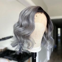 ombre closure wig UK - Synthetic Wigs Blunt Cut Short Bob Ombre Ash Gray Color Body Wave Lace Front Closure Wig With Baby Hair Daily Wear