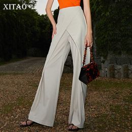 XITAO High Waist Wide Leg Pants Solid Colour Pleated Goddess Fan Casual Style Loose Elastic Waist Full Length Pants WMD2652 Q0802
