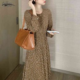 Spring Korean Elastic Waist Fashion Pleated O-neck Slim Woman Dress Polka Dot Sweet Mid-length Chiffon Robe 12698 210521