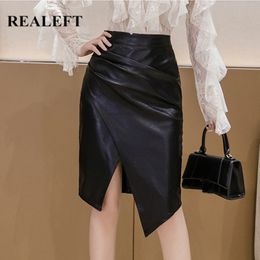 Women's PU Leather Skirt Fashion Office Ladies Irregualer High Waist Slim Midi Length Skirts Female 210428