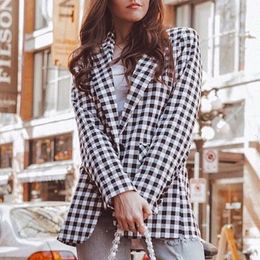 Vintage Single Breasted Plaid Women Blazer Pockets Jackets Female Retro Suits Coat Feminino blazers Outerwear high quality 210430