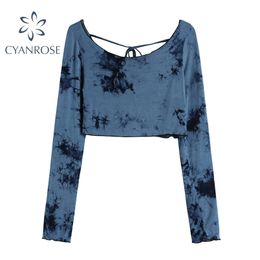 Blue Tie Dye Long Sleeve Bodycon Crop T Shirt Tops Women Lace up E-Girl Aesthetic Sheath Slim Party Club Streetwear Female 210515