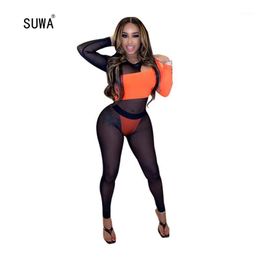 Women's Jumpsuits & Rompers Female Orange Black Patchwork Skinny Long Jumpsuit Night Club Sexy Women O Neck See-through Bodycon Femme Catsui