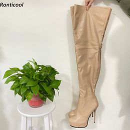 Rontic Women Winter Thigh Boots Waterproof Full Side Zipper Stiletto Heels Round Toe Pretty Nude Party Shoes Us Size 5-20