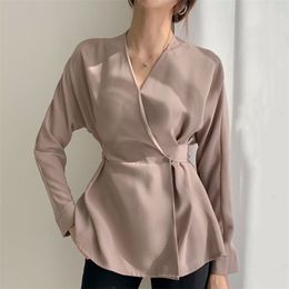 Women's Long-sleeved Shirt Spring Autumn V-neck Bow Long Shirts Solid Slim Sashes Woman Tee Korean Wild Female Tops PL045 210506