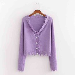 HSA Women Long Sleeve V-neck Loose Autumn Winter Purple Cardigans Jumper Ladies Destroyed Holes Sweater 210417