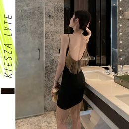 Evening Black Mini Dress Woman Spring Sexy V Neck Skinny Strapless Tassel Dresses 210608