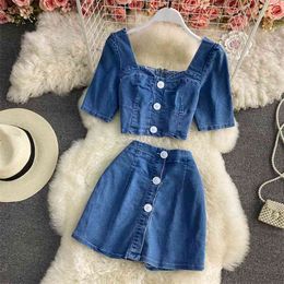 Summer Fashion Pants Suits Denim Two Piece Set Women Crop Tops Sexy Blouse Shirts + Bodycon Shorts 2 210514