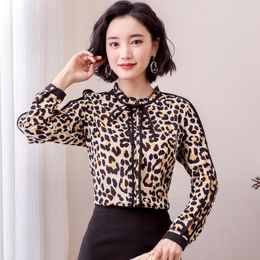 Fashion Clothing 2021 Chiffon Blouse Leopard Shirts Ladies Tops Women Long Sleeve Plus Size Bow Stand Women's Blouses &