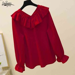 Autumn Large Girl's Front and Back V-neck Ruffles Korean-Style Belly Covering Chiffon Tops Plus Size 4XL Blouse 10223 210427