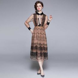 high quality Spring Summer Long Dres Sexy Tulle Mesh Patchwork long Sleeve Vintage Polka Dot Print Maxi 210531