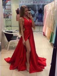 Evening Dresses 2021 Red Long A-Line Party Dress V Neck Stain Side Split Open Back Sweep Train Plus Size