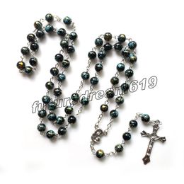 Catholic Jewellery Long Black Acrylic Rosary Neckalce Cross Beads Strand Pendant For Men Women Religious Jewellery