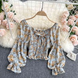 SINGREINY Women Bohemian Floral Blouse Korean Sweet Puff Sleeve Slim Streetwear Tops Spring Elastic Ruched Print Short Blouses 210419