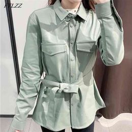 Women Leather Jacket Single Breasted Casual Coat Tie Streetwear Coats PU Shirt Tops With Belt 210430