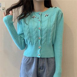Jumpers O Neck Long Sleeve Plant Flowers Knitted Cardigan Jacket Korean Chic Retro Sweet Floral Embroidery Sweater Tops Pull 210610