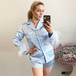 Restve Feathers Pyjama 2 Piece Set Long Sleeve Turn Down Collar Top Pockets Autumn Casual Night Suits With Shorts Satin 211215