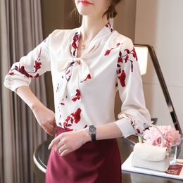 Korean Women Blouses Woman Floral Shirts Long Sleeve Shirt Tops Plus Size Print Ladies Bow Tie Top XXL 210427