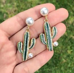 Boho Green Crystal Cactus Dangle Earrings for Women Girl Geometric Pearl Drop Earrings Female Party Jewellery