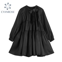 Black Fluffy Dress Women Puff Long Sleeve Bow Lace Up Collar Solid Short Midi Dress Lady Wrinkled High Street Fashion Vestidos 210417