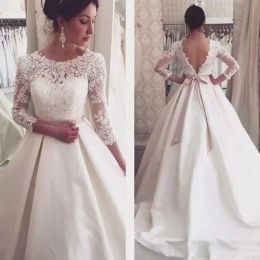Wedding Dresses Bridal Vintage Gown with 3/4 Long Sleeves Lace Applique Custom Made Beach V Back Sash Plus Size Vestido De Novia estido