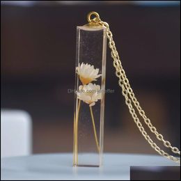 -Anhänger Halsketten Anhänger Schmuck Daisy Elfenbein Echte Blume Transparent Würfel Harz Gold Farbe Kette Halskette Frauen Boho Mode Bohemian VI