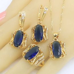 Geometric Blue Semi-precious Gold Colour Jewellery Sets for Women Party Earrings Necklace Pendant Rings Gift Box H1022