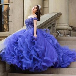 Puffy Ball Gown Quinceanera Dresses Off Shoulder Lavender 2023 Sequined Beaded Piping Ruffles Sweep Train Sweet 16 Dress 15 Years Long Prom Party Wear