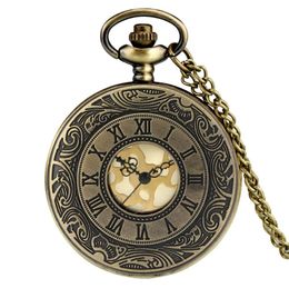 Pocket Watches Retro Bronze Hollow Flip Quartz Watch Roman Numerals Gold Dial Fashionable And Durable Chain Pendant Necklace Gifts262O
