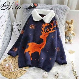 winter woman Pullover and Sweaters Turn Down Collars Cartoon Cute Christmas Deer oversize jumper 210430