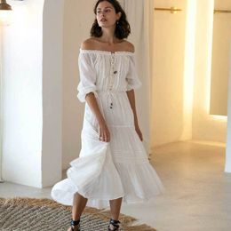 Inspired ruffled women white cotton frill detail midi V-neck elastic waist summer 3/4 sleeve dress 210412