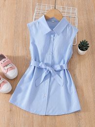 Toddler Girls Vertical Striped Belted Shirt Dress SHE