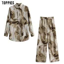 Toppies Woman Shirts Pants Two Piece Set Oversize Blouses Tops Printing Leisure Clothes Elastic Waist 210412