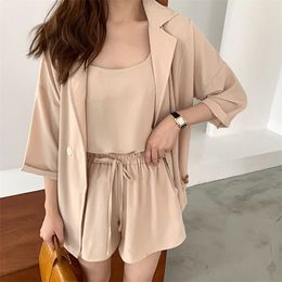 Women Set Summer Fall 3 Piece Suits Blazer + Camisole Shorts Casual Solid Jacket Elastic Wasit Ensemble Femme 210514