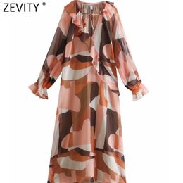 Women Fashion V Neck Cascading Ruffle Print Straight Midi Dress Lady Chic Beach Vestido Casual Chiffon Cloth DS5038 210420